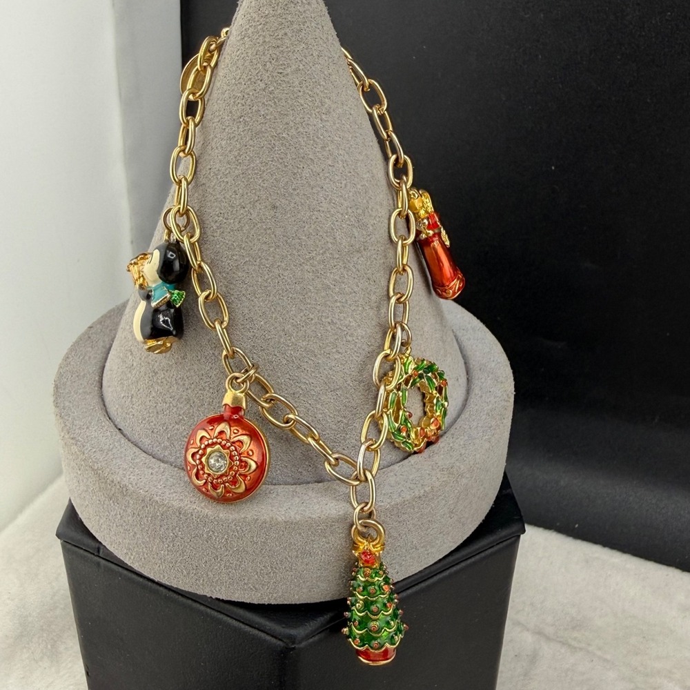 Christopher Radko Christmas Charm Bracelet Gold Tone Angel Penguin Signed‎ 7.5"